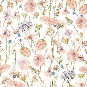 12" Hand painted pink and blue watercolor spring flowers fabric- wildflowers meadow  - white double layer