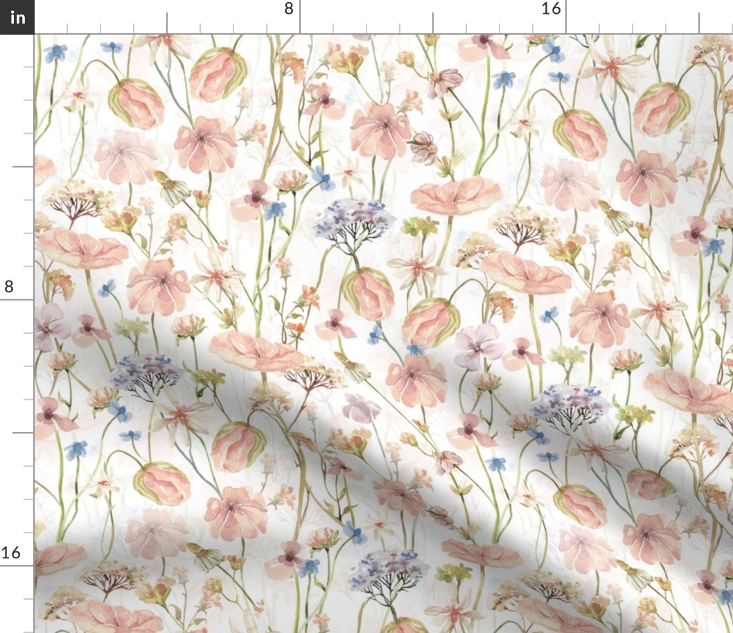 12" Hand painted pink and blue watercolor spring flowers fabric- wildflowers meadow  - white double layer