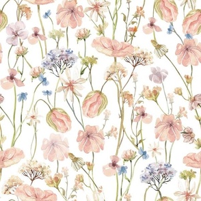 12" Hand painted pink and blue watercolor peach fuzz spring flowers fabric- wildflowers meadow  - white