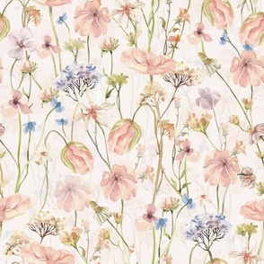 12" Hand painted pink and blue watercolor spring flowers fabric- wildflowers meadow  - blush double layer