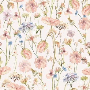 12" Hand painted pink and blue watercolor spring flowers fabric- wildflowers meadow  - blush