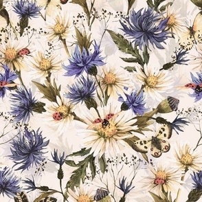 10" Hand painted watercolor Daisies and Cornflowers Meadow, Wildflowers fabric, Summer flowers fabric - sepia on blush - double layer