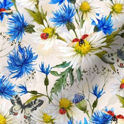 10" Hand painted watercolor Daisies and Cornflowers Meadow, Wildflowers fabric, Summer flowers fabric - blush - double layer