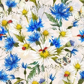 10" Hand painted watercolor Daisies and Cornflowers Meadow, Wildflowers fabric, Summer flowers fabric - blush - double layer