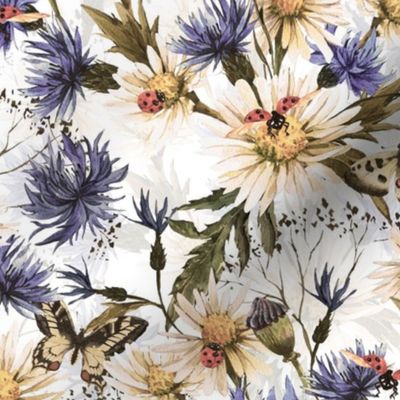 10" Hand painted watercolor Daisies and Cornflowers Meadow, Wildflowers fabric, Summer flowers fabric - sepia on white - double layer