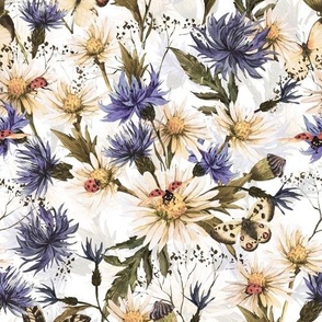 10" Hand painted watercolor Daisies and Cornflowers Meadow, Wildflowers fabric, Summer flowers fabric - sepia on white - double layer