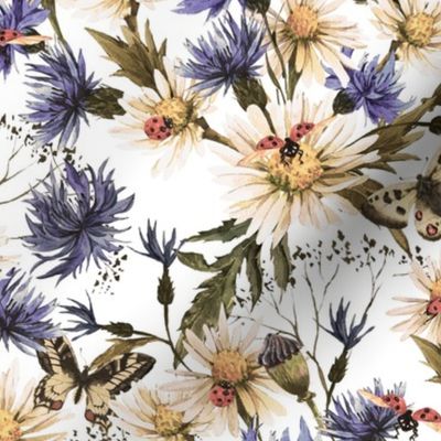 10" Hand painted watercolor Daisies and Cornflowers Meadow, Wildflowers fabric, Summer flowers fabric - sepia on white 
