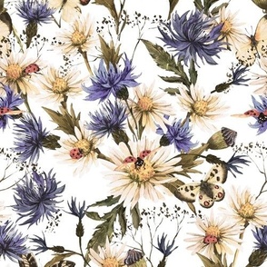 10" Hand painted watercolor Daisies and Cornflowers Meadow, Wildflowers fabric, Summer flowers fabric - sepia on white 