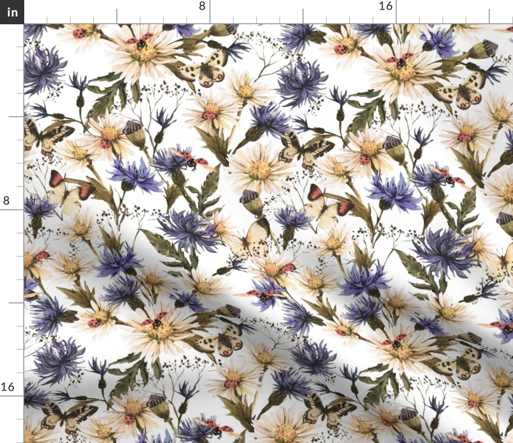 10" Hand painted watercolor Daisies and Cornflowers Meadow, Wildflowers fabric, Summer flowers fabric - sepia on white 
