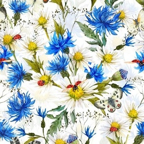 10" Hand painted watercolor Daisies and Cornflowers Meadow, Wildflowers fabric, Summer flowers fabric - white - double layer