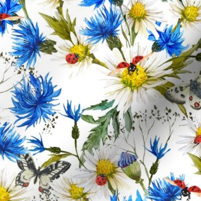 10" Hand painted watercolor Daisies and Cornflowers Meadow, Wildflowers fabric, Summer flowers fabric - white