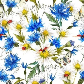 10" Hand painted watercolor Daisies and Cornflowers Meadow, Wildflowers fabric, Summer flowers fabric - white