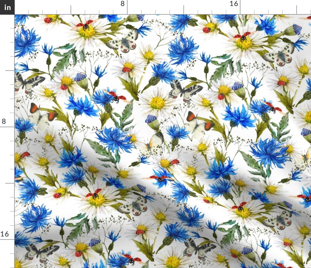 10" Hand painted watercolor Daisies and Cornflowers Meadow, Wildflowers fabric, Summer flowers fabric - white