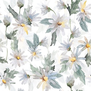 18" Daisies hand painted watercolor wild daisy wildflowers meadow, daisies fabric