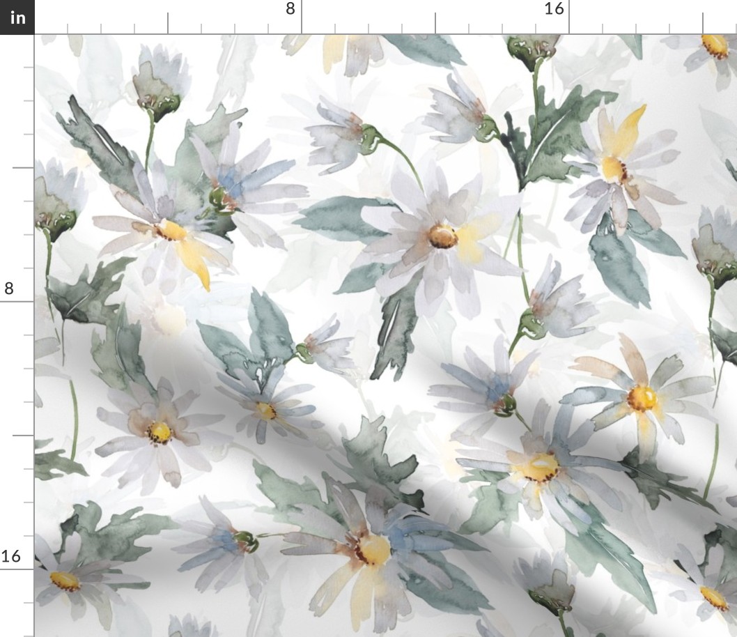 18" Daisies hand painted watercolor wild daisy wildflowers meadow, daisies fabric