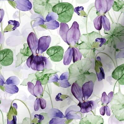 12" Hand painted purple Lilac Watercolor Floral Violets, Violet Fabric, Spring Flower Fabric -  double layer on white 2