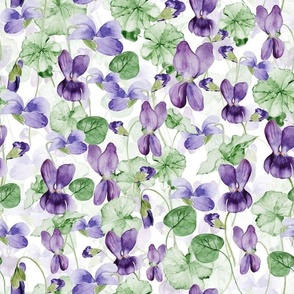 12" Hand painted purple Lilac Watercolor Floral Violets, Violet Fabric, Spring Flower Fabric -  double layer on white 2