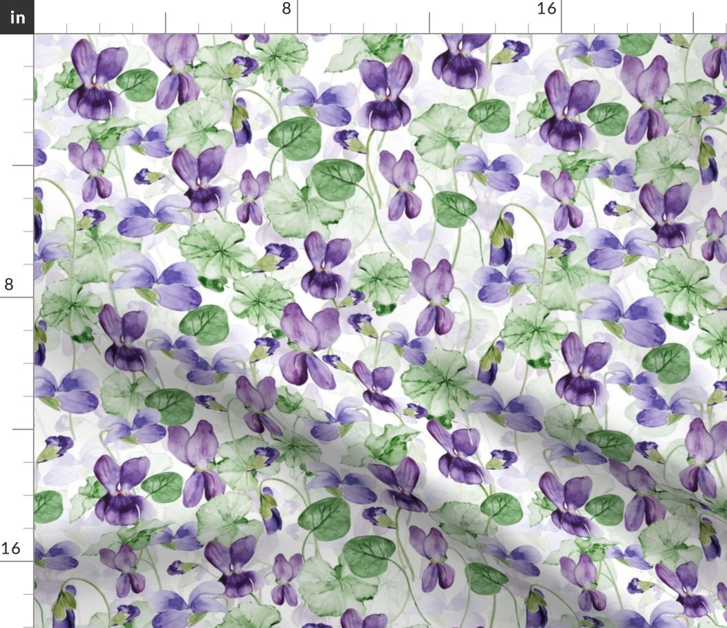 12" Hand painted purple Lilac Watercolor Floral Violets, Violet Fabric, Spring Flower Fabric -  double layer on white 2