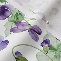 12" Hand painted purple Lilac Watercolor Floral Violets, Violet Fabric, Spring Flower Fabric -  on white 2