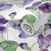 12" Hand painted purple Lilac Watercolor Floral Violets, Violet Fabric, Spring Flower Fabric -  on white 2