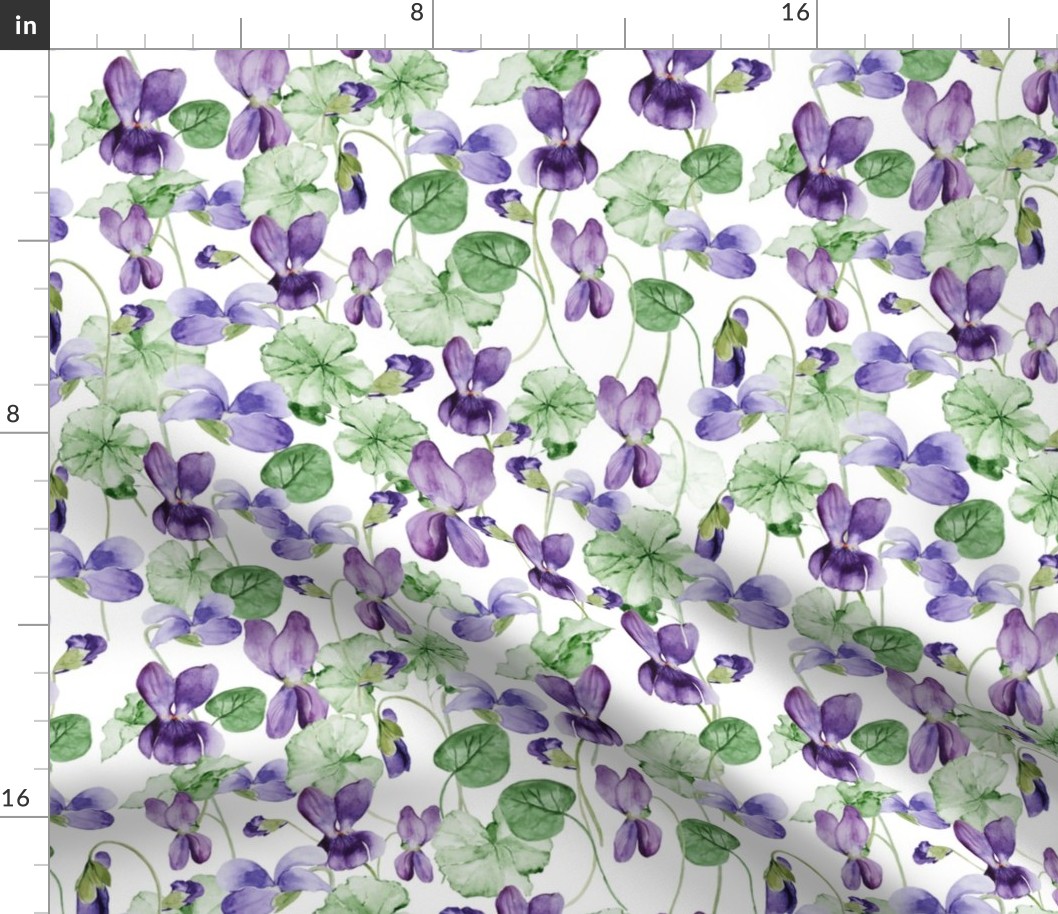 12" Hand painted purple Lilac Watercolor Floral Violets, Violet Fabric, Spring Flower Fabric -  on white 2