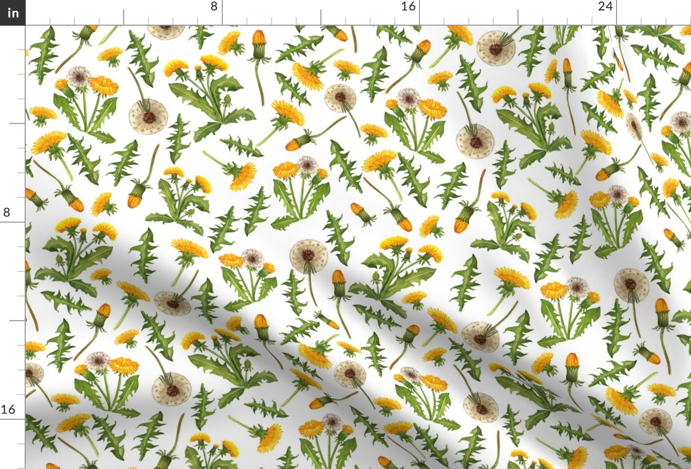 12" Vintage Dandelions Blossoms And Leaves Wildflower Meadow 2 - white