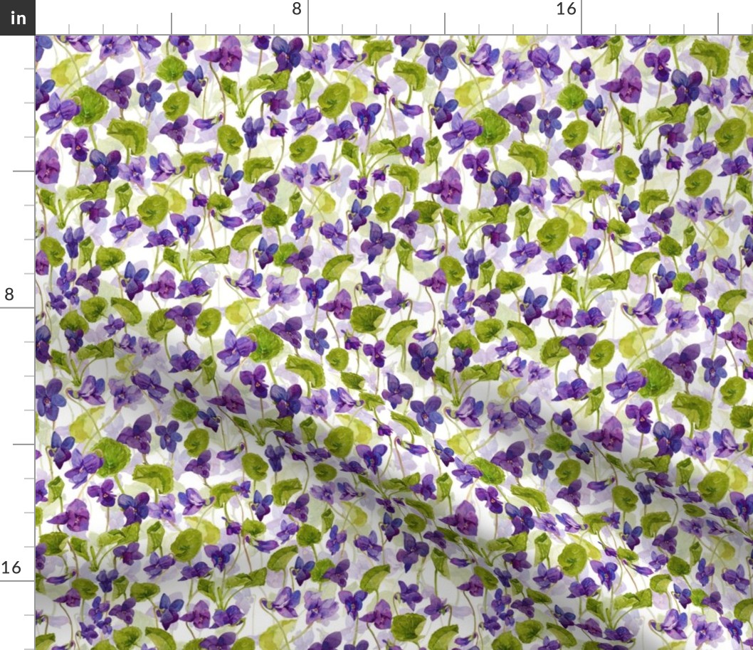 10" Hand painted purple Lilac Watercolor Floral Violets, Violet Fabric, Spring Flower Fabric - double layer on white