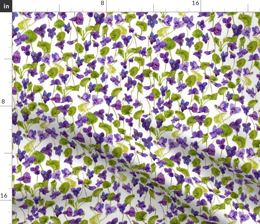 10" Hand painted purple Lilac Watercolor Floral Violets, Violet Fabric, Spring Flower Fabric -  on white
