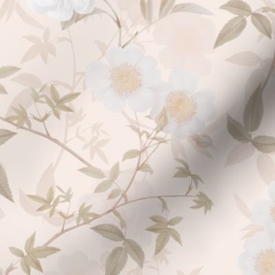 Vintage Spring And Summer Romanticism: Maximalism Moody Florals-Antiqued White Wild Redouté Roses Bouquets  Nostalgic- Gothic- Antique Botany Wallpaper and Victorian Goth Mystic inspired, blush double layer