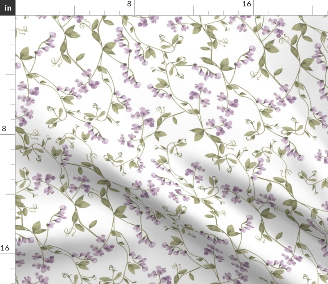 12" Sweet Peas Summer Wildflower Meadow - Peas Fabric,  on white
