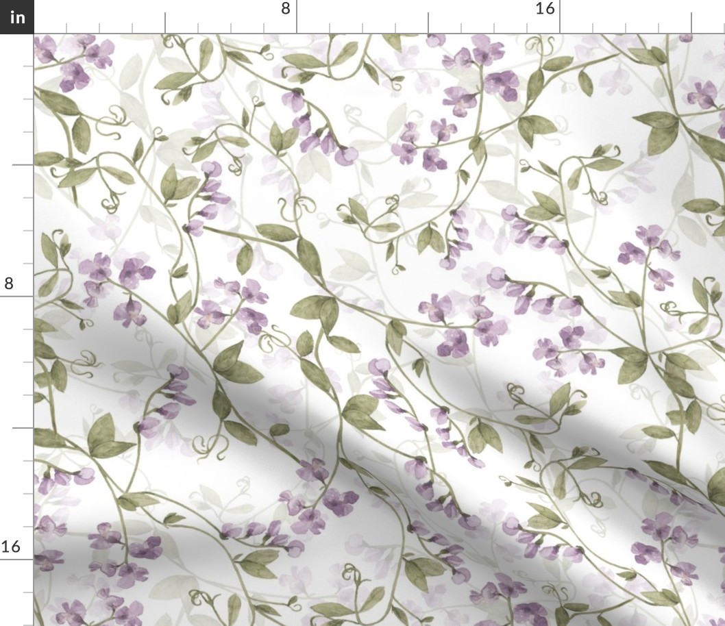18" Sweet Peas Summer Wildflower Meadow - Peas Fabric,  on white - double layer Wedding