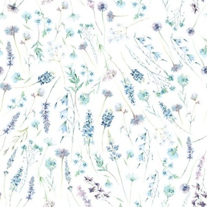 Simply  Blue Watercolor Wildflowers And Grasses Meadow on white