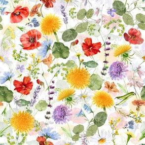 LARGE-  My colorful watercolor wildflower garden, wildflower fabric, nursery wildflowers,white - double layer