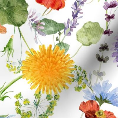 LARGE -  My colorful watercolor wildflower garden, wildflower fabric, nursery wildflowers,white