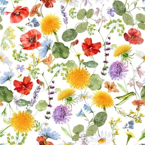 LARGE -  My colorful watercolor wildflower garden, wildflower fabric, nursery wildflowers,white