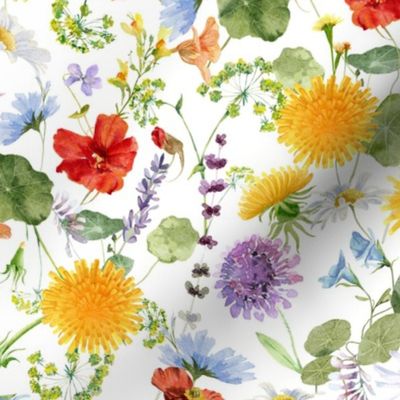 12" My colorful watercolor Vintage  wildflower garden, wildflower fabric, nursery wildflowers,white