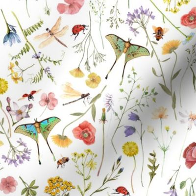 12" In the weeds  - Nostalgic Victorian Summer Wildflowers and Herbs , Cottagecore Pollinators Home decor,Summer Wildflower Meadow - on white Nursery Fabric, Baby Girl Fabric, perfect for kidsroom, kids room, kids decor wedding 