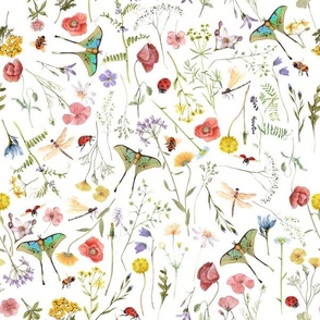 12" In the weeds  - Nostalgic Summer Wildflowers and Herbs , Pollinators Home decor,Summer Wildflower Meadow - on white Nursery Fabric, Baby Girl Fabric, perfect for kidsroom, kids room, kids decor 