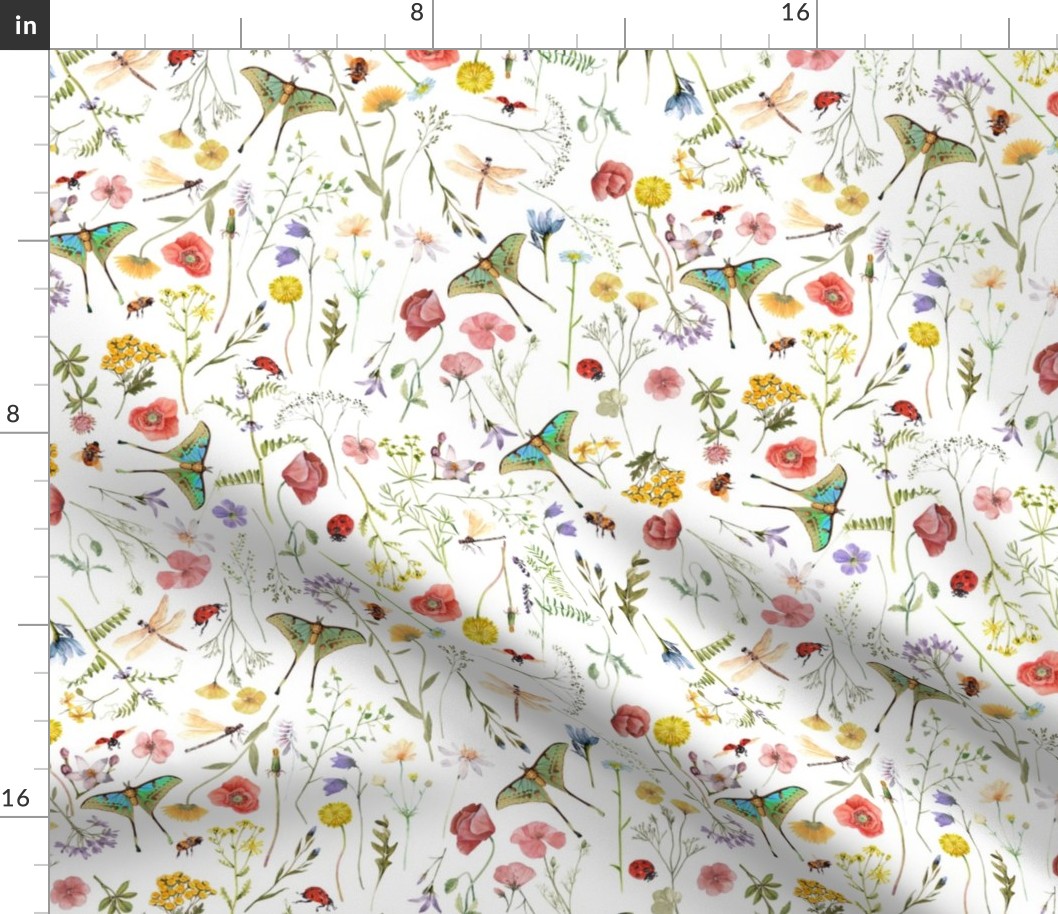 12" In the weeds  - Nostalgic Victorian Summer Wildflowers and Herbs , Cottagecore Pollinators Home decor,Summer Wildflower Meadow - on white Nursery Fabric, Baby Girl Fabric, perfect for kidsroom, kids room, kids decor wedding 