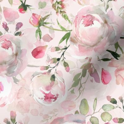12" Vintage Watercolor Pink Roses And Eucalyptus Leaves On Blush Pink - double layer