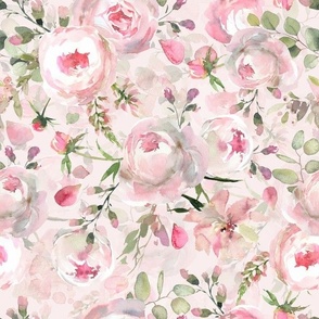 12" Vintage Watercolor Pink Roses And Eucalyptus Leaves On Blush Pink - double layer