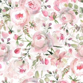 12" Vintage Watercolor Pink Roses And Eucalyptus Leaves On white - double layer