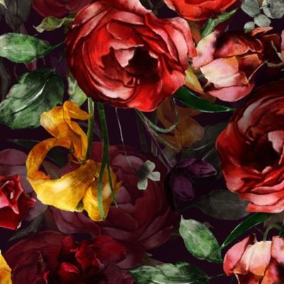 14" Vintage Night Botanical Watercolor Lush Roses Tulips And Spring Flowers  dark red