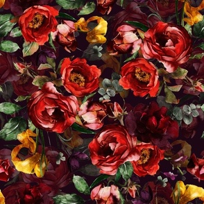 14" Vintage Night Botanical Watercolor Lush Roses Tulips And Spring Flowers  dark red