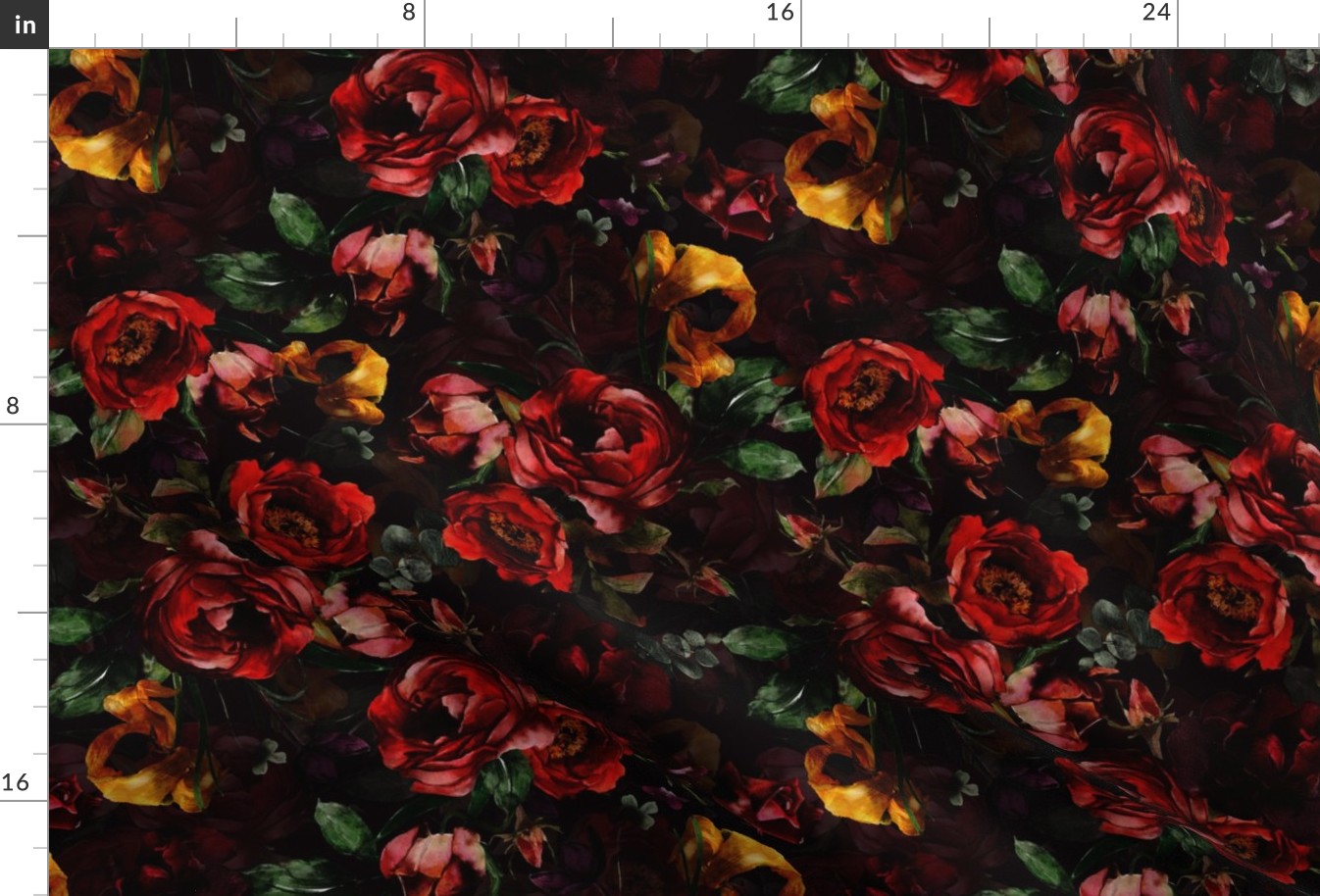 14" Vintage Night Botanical Watercolor Lush Roses Tulips And Spring Flowers black