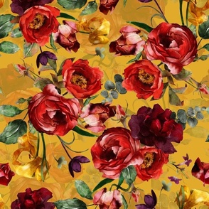 14" Vintage Night Botanical Watercolor Lush Roses Tulips And Spring Flowers - yellow double layer