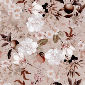 Vintage Spring Romanticism: Maximalism Moody Florals-Antiqued White Peonies Roses Tropical Fruits And Springflowers Bouquets  Nostalgic- Gothic- Antique Exotic Magnolia Botany Wallpaper and Victorian Goth Mystic inspired beige