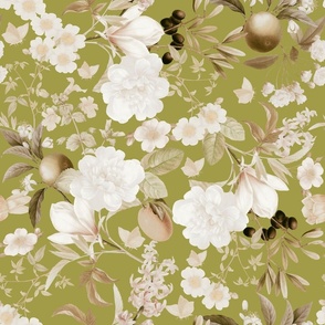 Vintage Spring Romanticism: Maximalism Moody Florals-Antiqued White Peonies Roses Tropical Fruits And Springflowers Bouquets  Nostalgic- Gothic- Antique Exotic Magnolia Botany Wallpaper and Victorian Goth Mystic inspired  - spring green