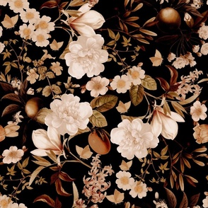 Vintage Spring Romanticism: Maximalism Moody Florals-Antiqued White Peonies Roses Tropical Fruits And Springflowers Bouquets  Nostalgic- Gothic- Antique Exotic Magnolia Botany Wallpaper and Victorian Goth Mystic inspired  -nostalgic  black coffee 