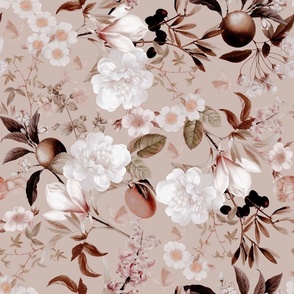 Vintage Spring Romanticism: Maximalism Moody Florals-Antiqued White Peonies Roses Tropical Fruits And Springflowers Bouquets  Nostalgic- Gothic- Antique Exotic Magnolia Botany Wallpaper and Victorian Goth Mystic inspired - sepia Beige